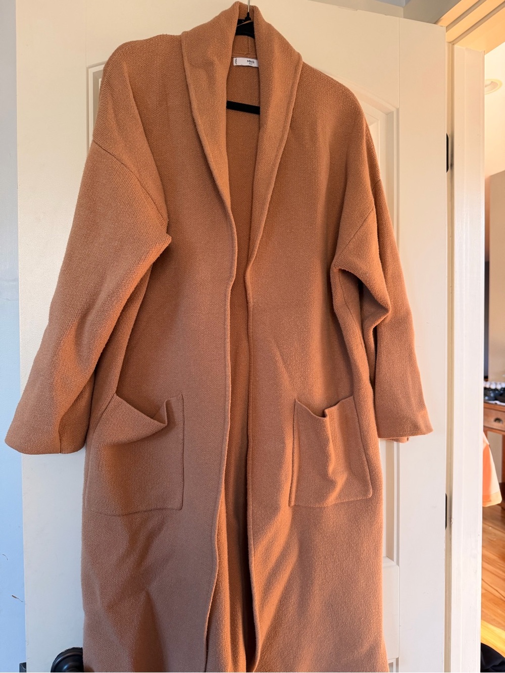 Mango MNG Suit Camel Longline Knit Coatigan Shawl Collar Pockets